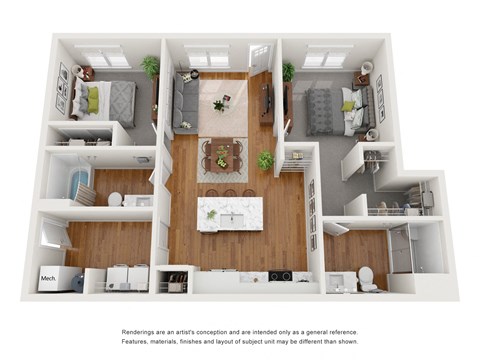 a stylized floor plan with a bedroom and a living room  at Tivoli Green Apartments & Townhomes, Mount Pleasant